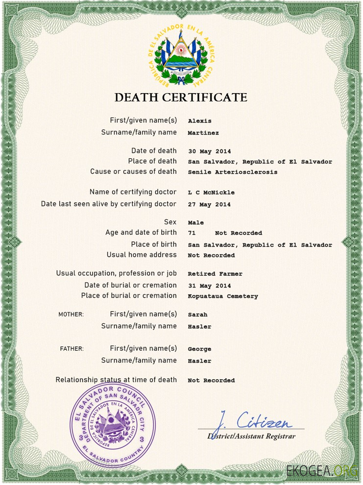 Modèle PSD de certificat de décès de l'état civil du Salvador 1 template